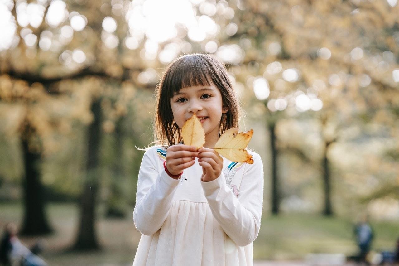 Young girl holding a few autumn leaves.