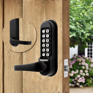 Codelocks black keyless keypad lever lock on wood gate door