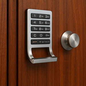 Photorealistic image of Digilock 6G Curve Keypad locker lock installed on wood locker application.