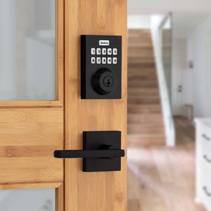 Kwikset smart lock on wood door