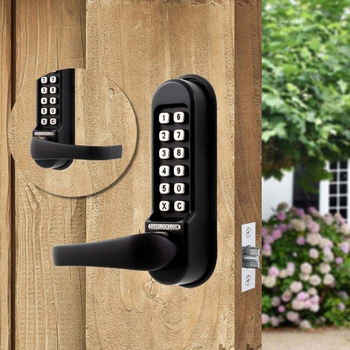 Codelock black keypad lever lock on wood door