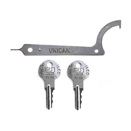 DF 59 key and Kaba spanner wrench used on Simplex 1000 lock combination change sleeve