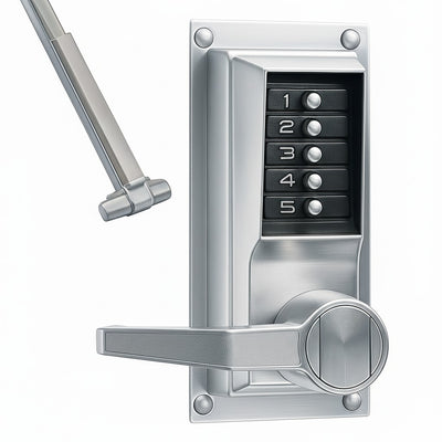 dormakaba Simplex LP1010 pushbutton lock with lever in Satin Chrome, left-hand