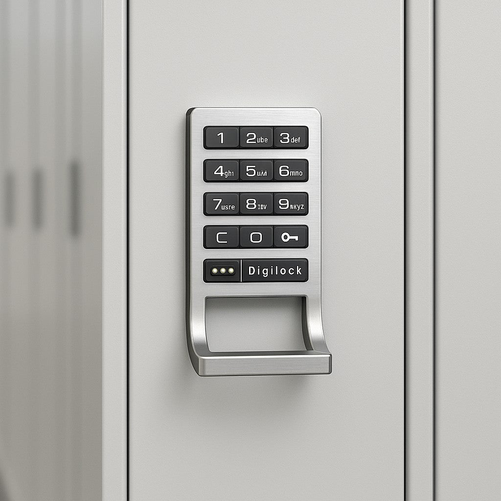 Photorealistic image of Digilock Curve 6G Keypad installed on an employee locker in a medical office.