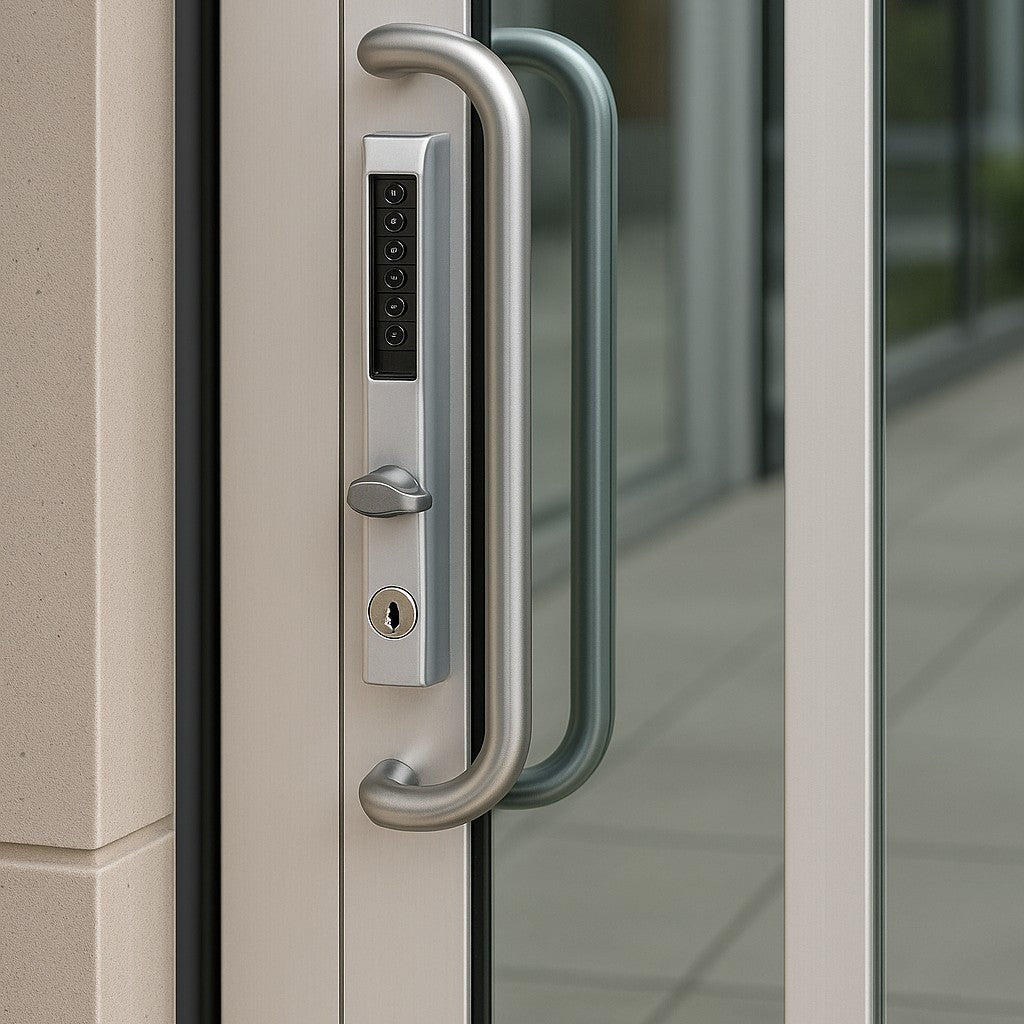Photorealistic close up of modern office building or storefront door with Simplex 3000 installed.